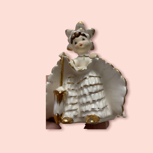Other - Vintage Lefton Bloomer Petticoat Girl White/Gold KW10531 Flower Hat Figurine EC